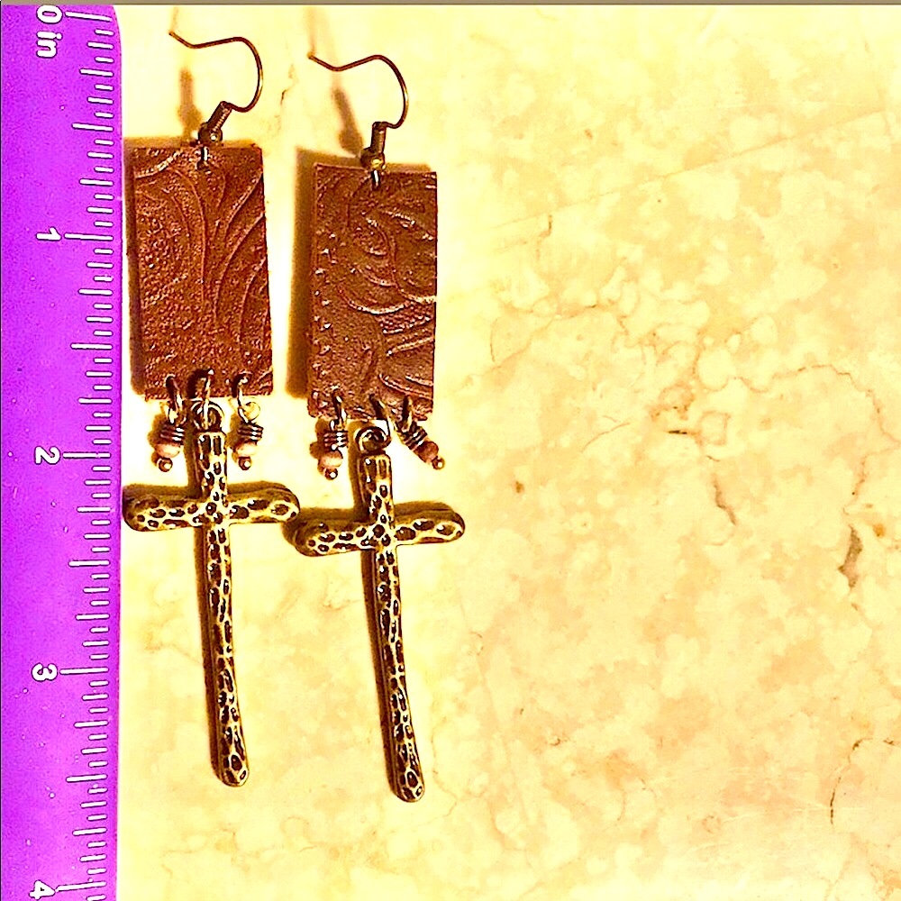 LONG CROSS EARRINGS DUSTER LENGTH TOOLED LEATHER